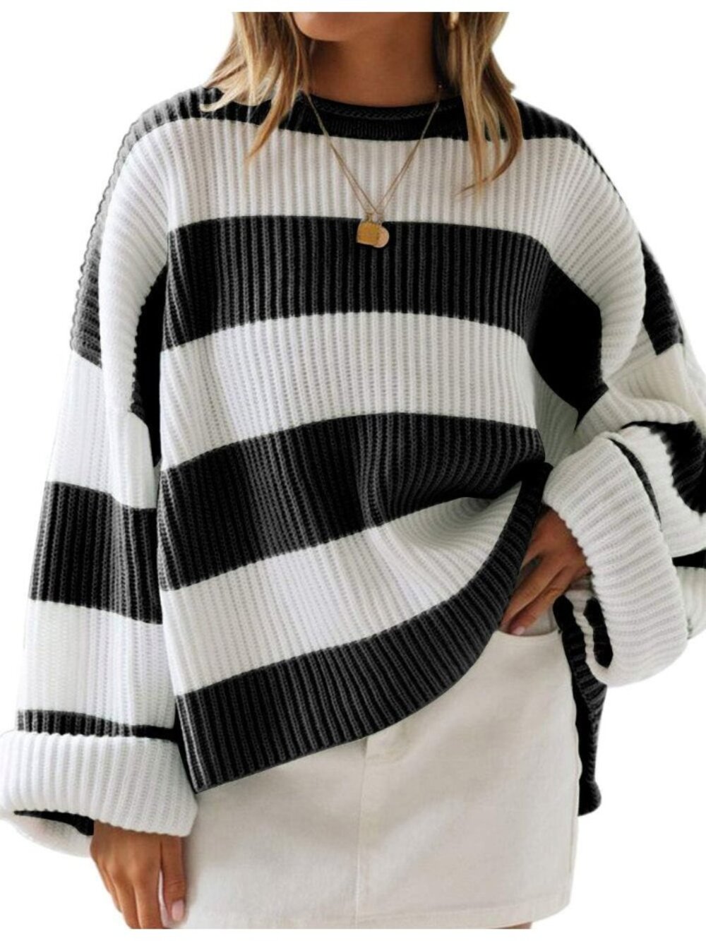 🆕 Women's Black White Long Sleeve Crewneck Oversized Knit Pullover Sweater